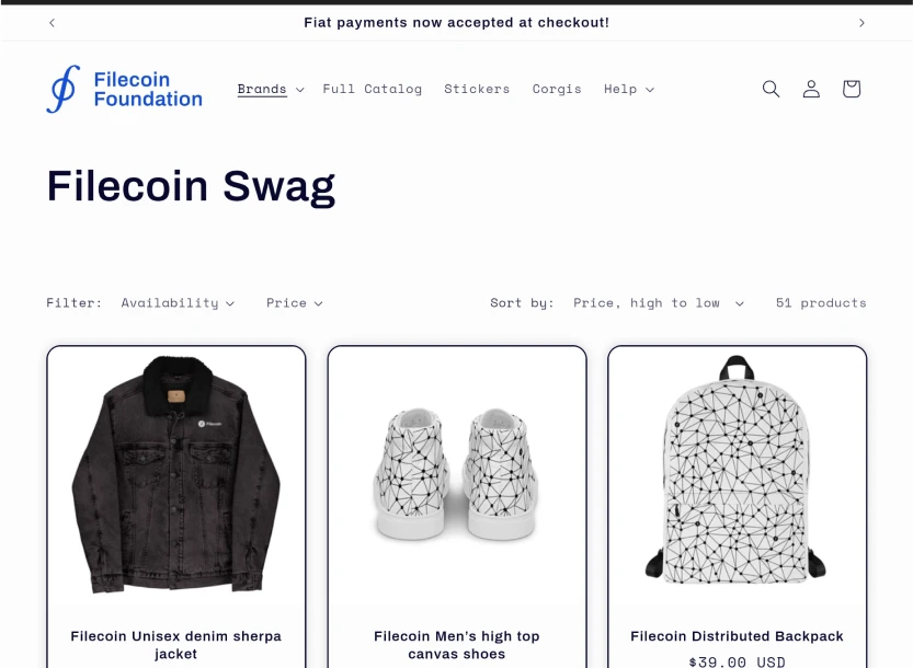 The Filecoin Swag store catalogue: denim jacket, high-top shoes, backpack, hoodies and t-shirts in the Filecoin brand