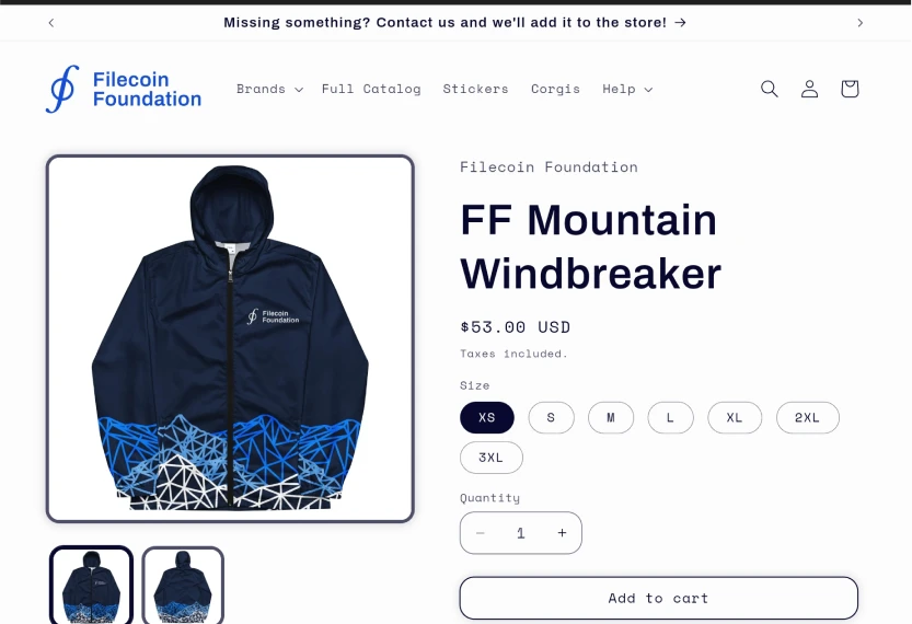 Swag store product page for the FF Mountain Windbreaker, with size options and an add-to-cart button