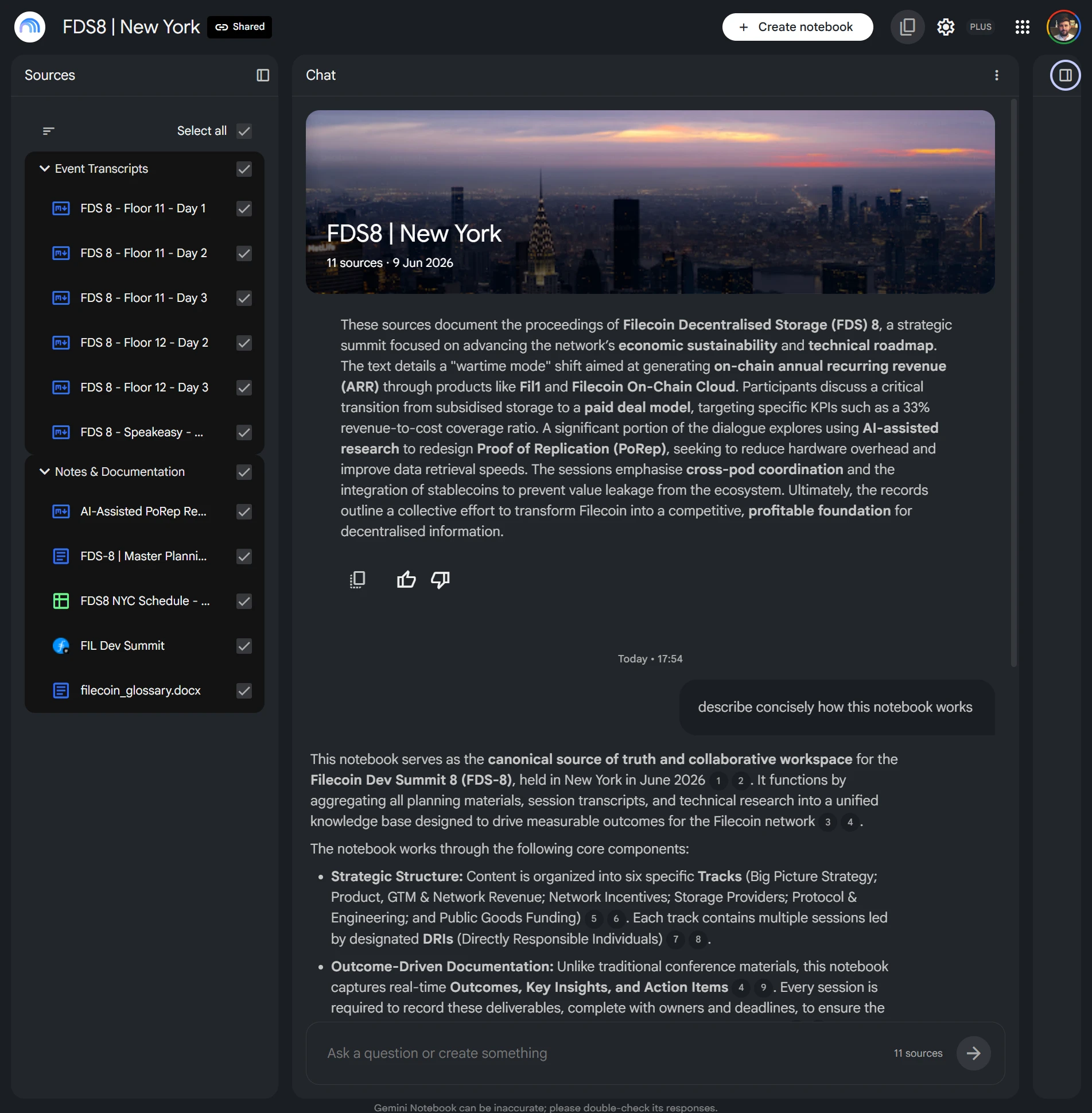 The FIL Dev Summit 8 notebook - a source list of cleaned session transcripts, planning documents and decks beside a chat answering questions about the summit
