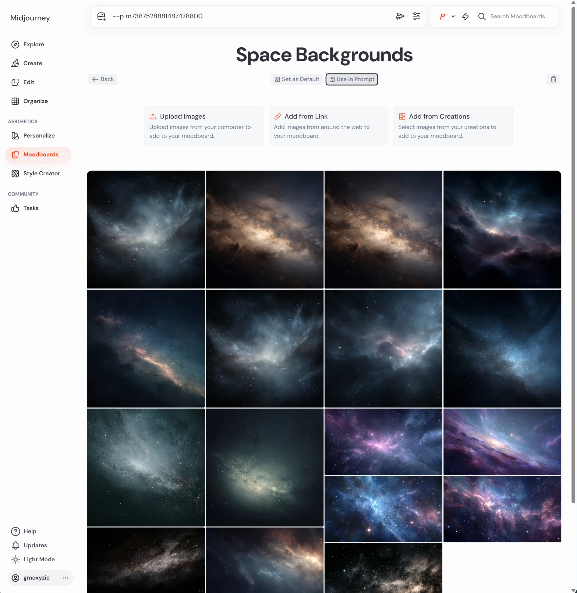 A Midjourney moodboard named Space Backgrounds - a grid of generated nebula and galaxy images used as the space punk reference set