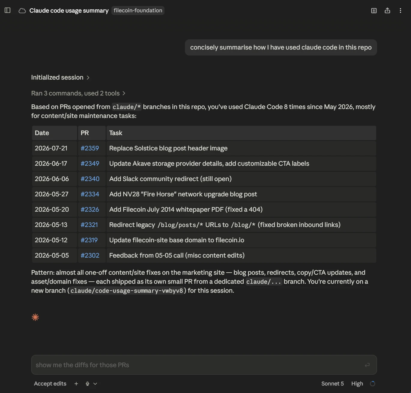 A Claude Code session listing the filecoin.io pull requests shipped from claude branches - blog posts, redirects, copy updates and asset fixes