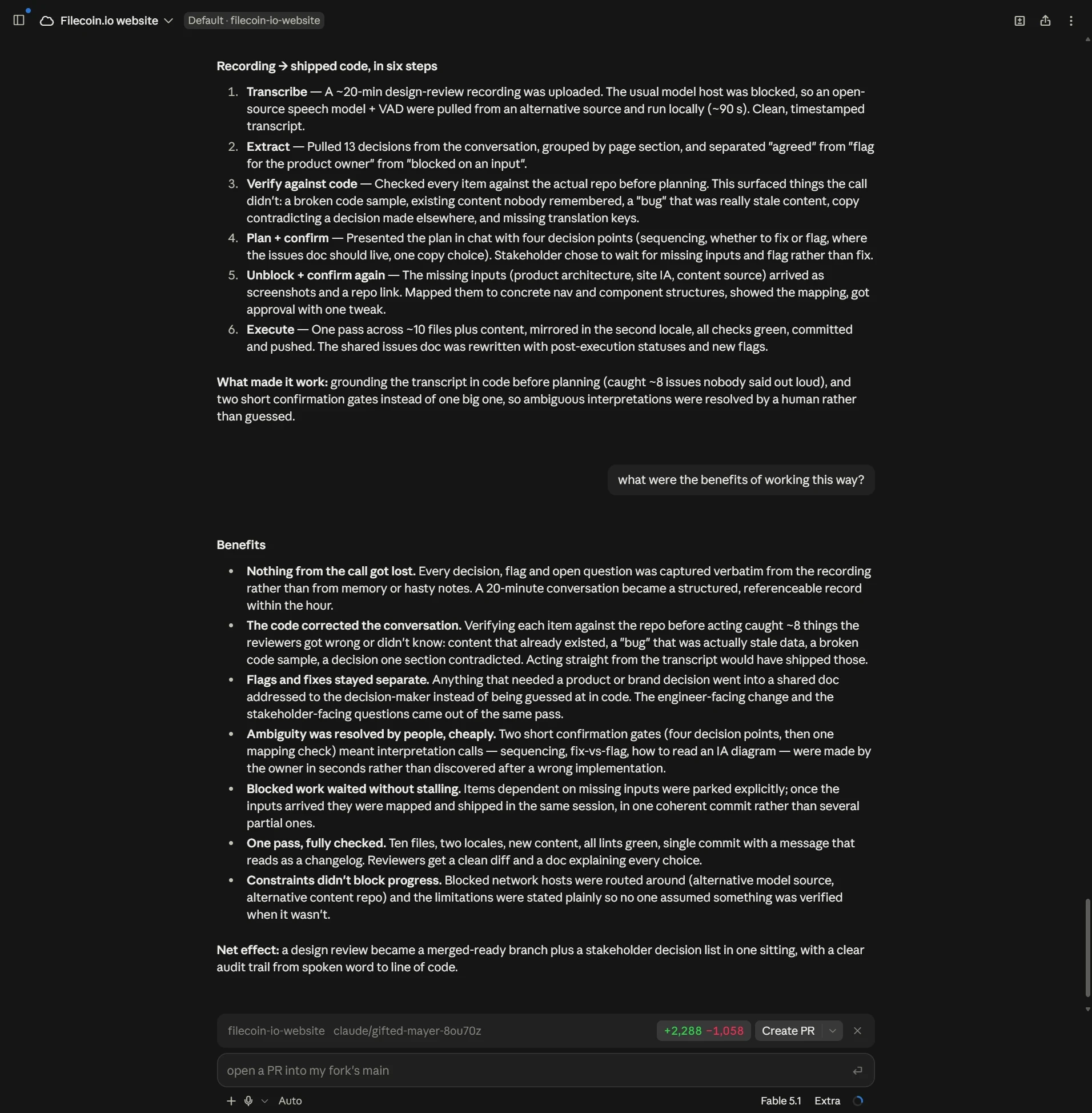A Claude Code session summarising a design review in six steps - transcribe the Zoom recording, extract the decisions, verify them against the code, confirm the plan, unblock, then execute and push - followed by the benefits of working this way