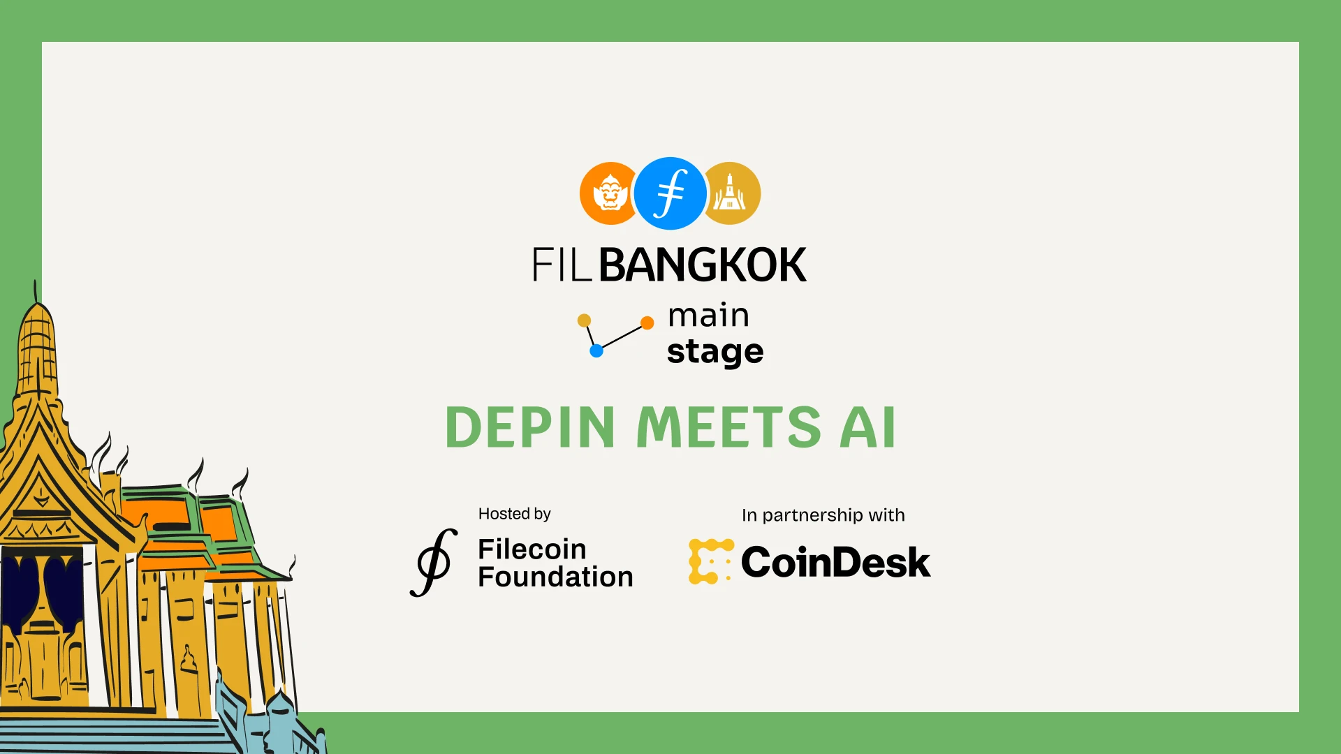 FIL Bangkok main-stage screen: the FIL Bangkok logo and “DePIN meets AI” over a Thai temple illustration