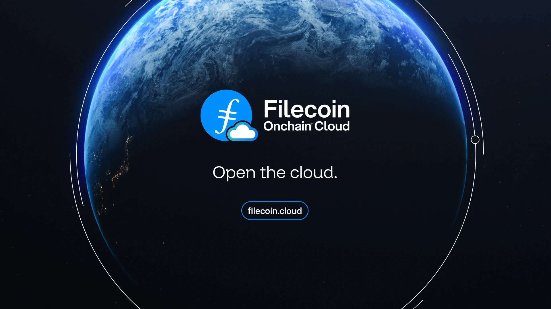 Filecoin Onchain Cloud launch key visual — 'Open the cloud', Earth seen from space