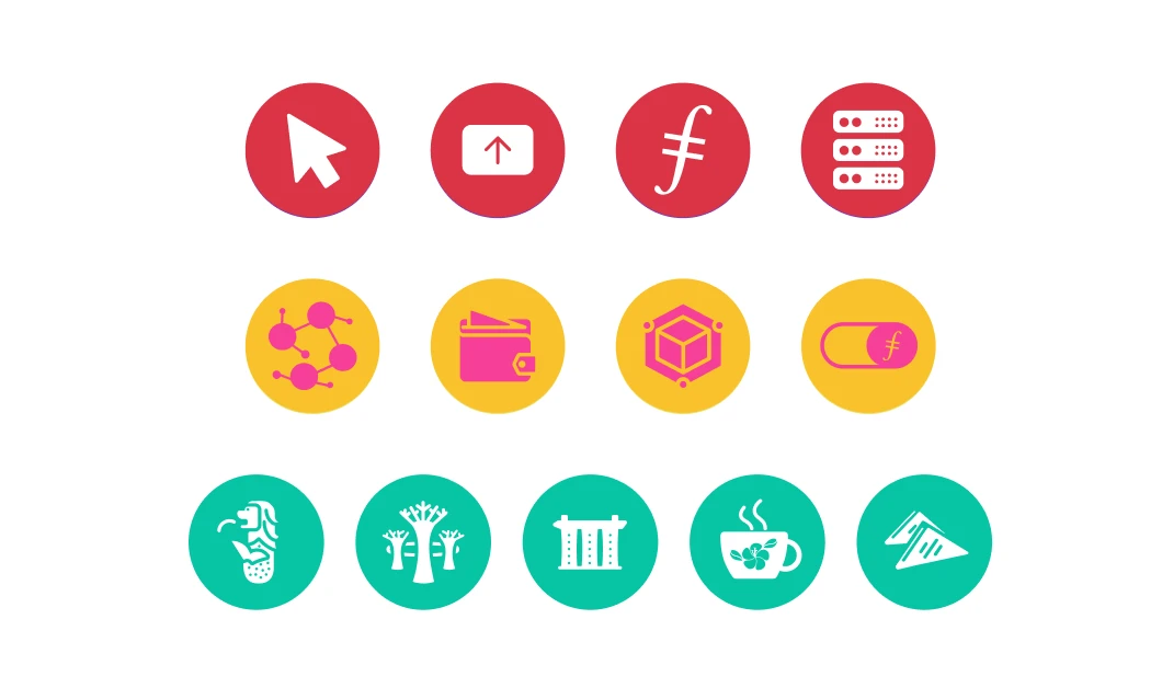 A set of solid monotone circular icons in red, yellow and green, mixing web3 glyphs with city icons