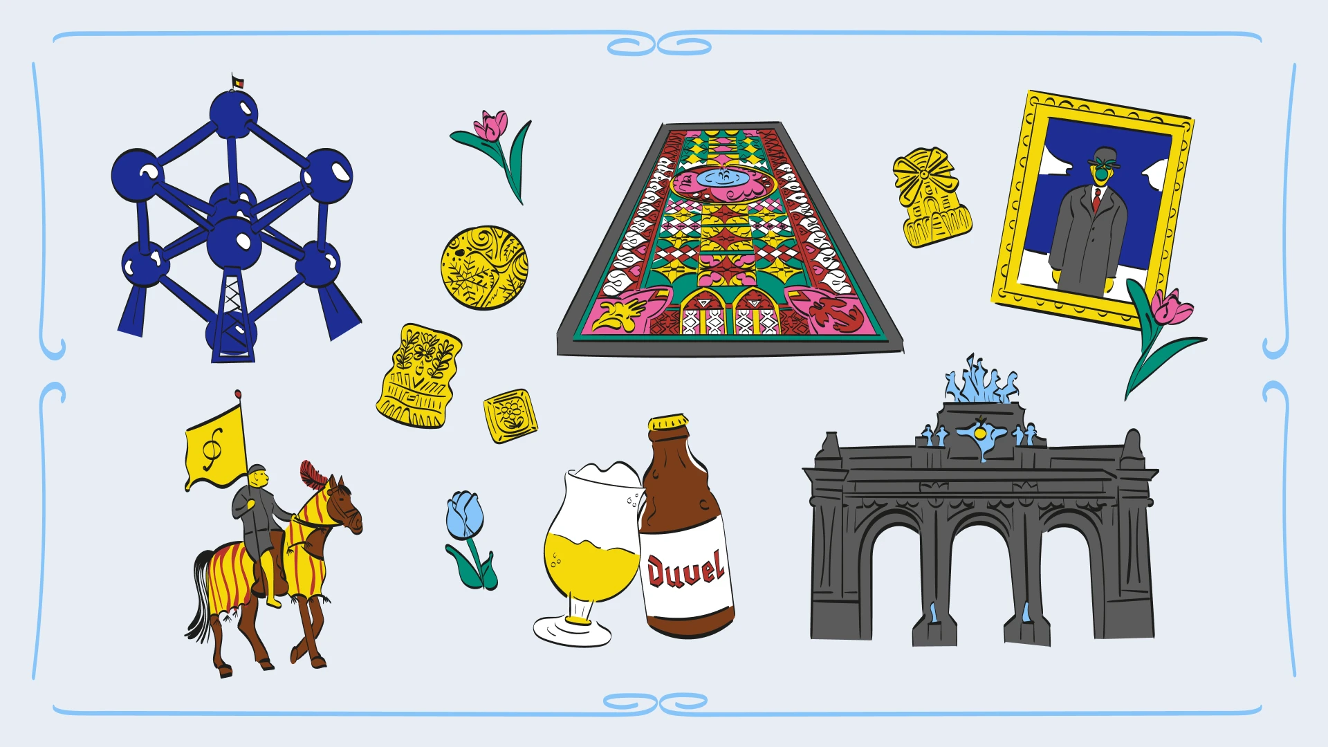 FIL Brussels illustrations: the Atomium, a flower carpet, a Duvel beer and the Cinquantenaire arch