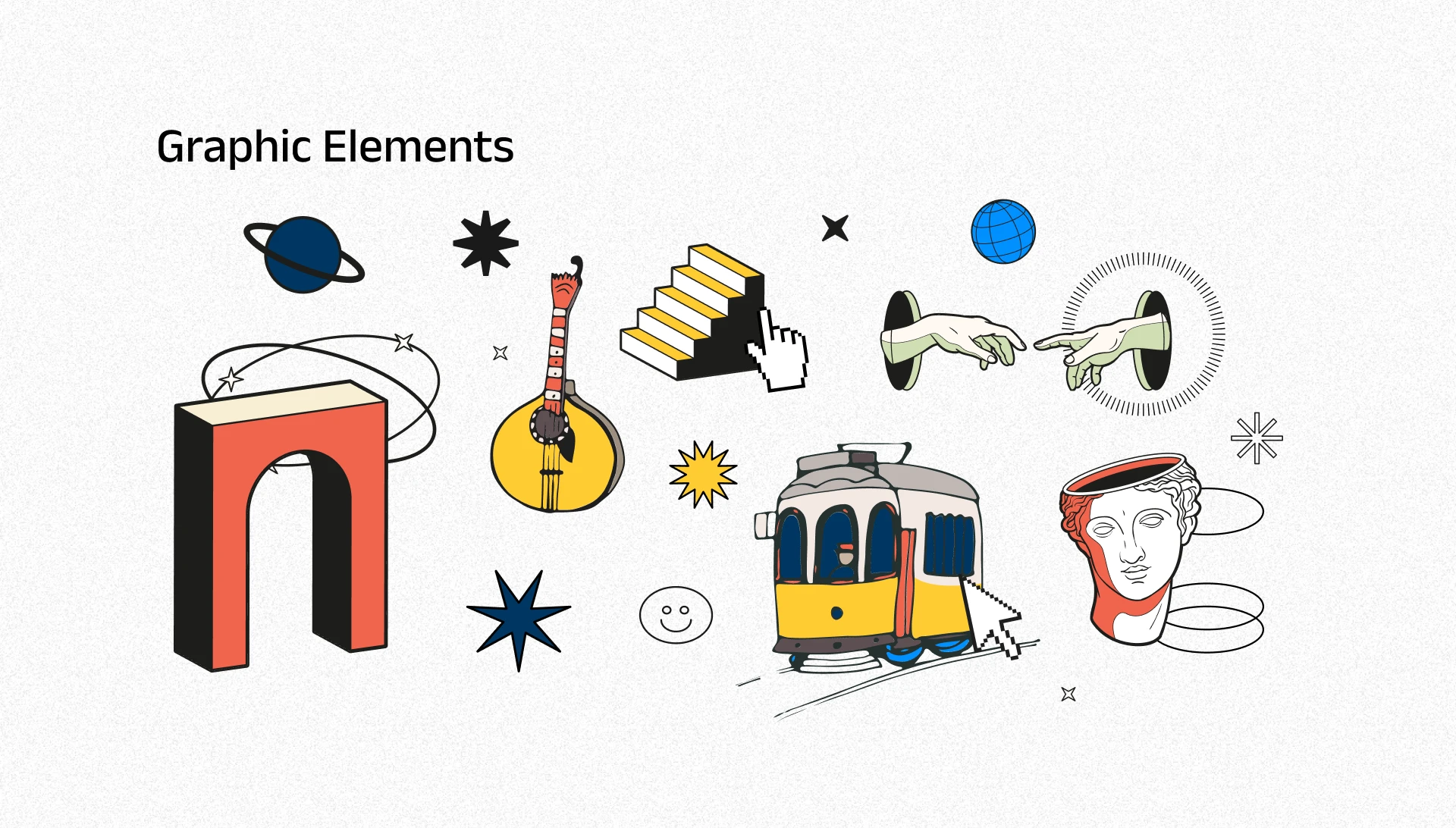 FIL Lisbon illustrations: a yellow tram, a Pessoa-style bust, an arch and a guitar in a loose line style