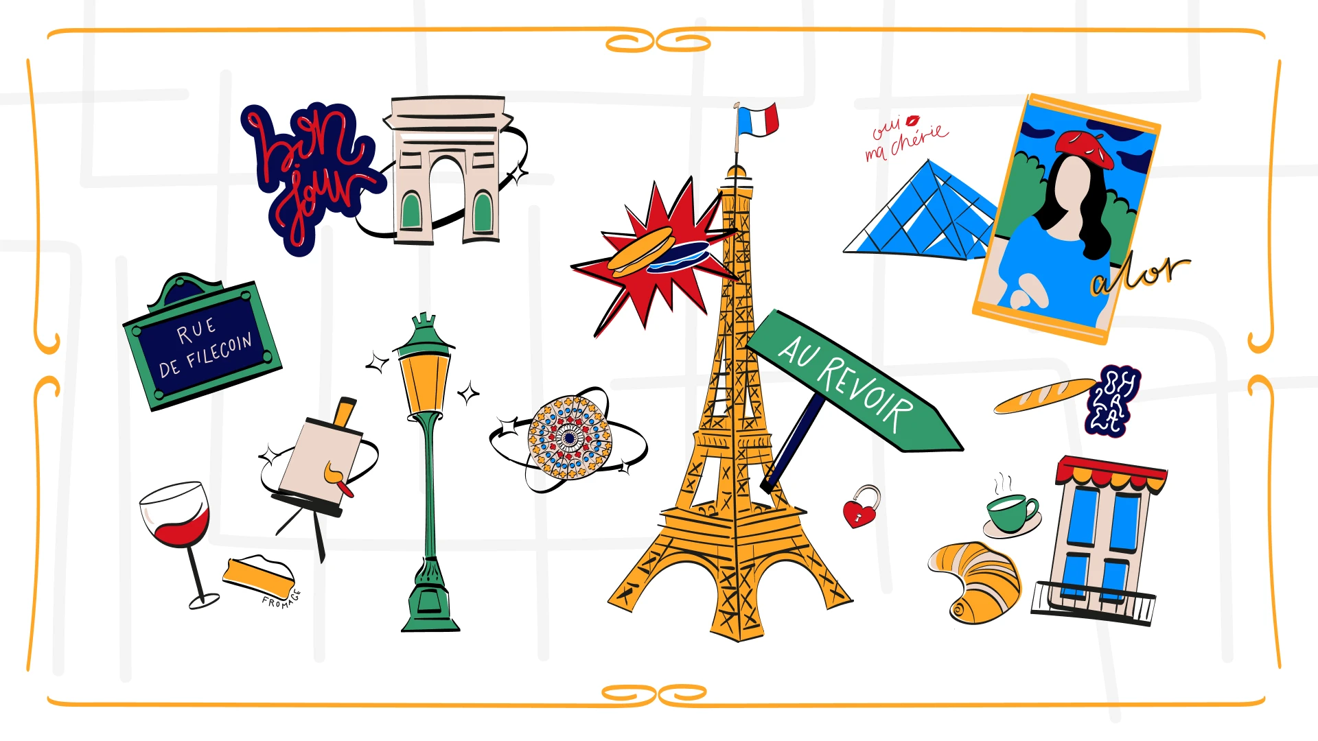 FIL Paris illustrations: the Eiffel Tower, a street lamp, wine, a croissant and a street sign