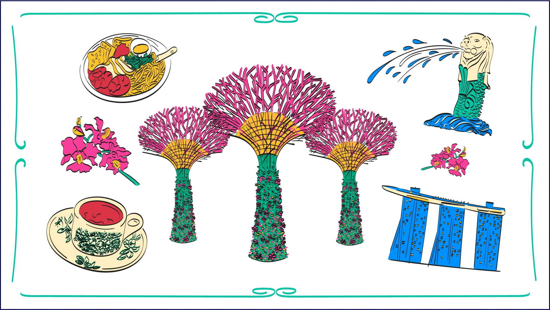FIL Singapore illustrations: the Supertrees, the Merlion, Marina Bay Sands and a plate of food