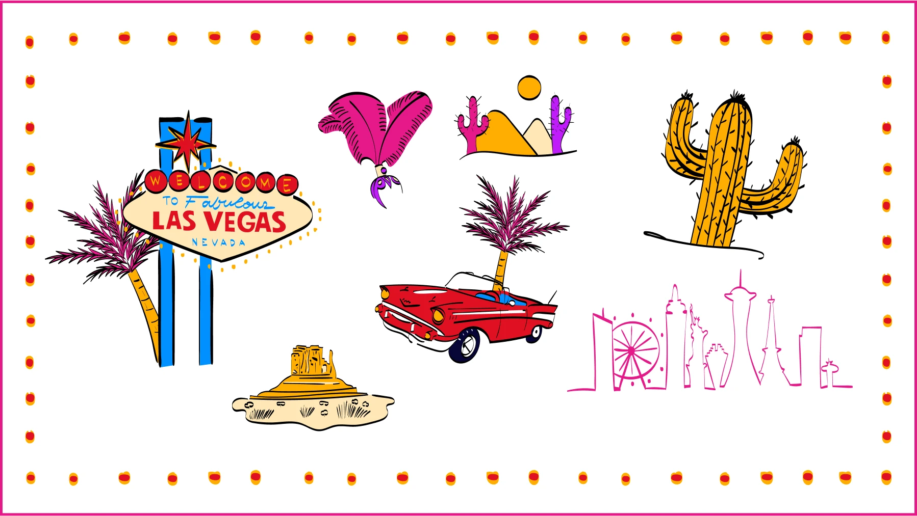 FIL Vegas illustrations: the Las Vegas sign, a cactus, palm trees, a red convertible and the skyline