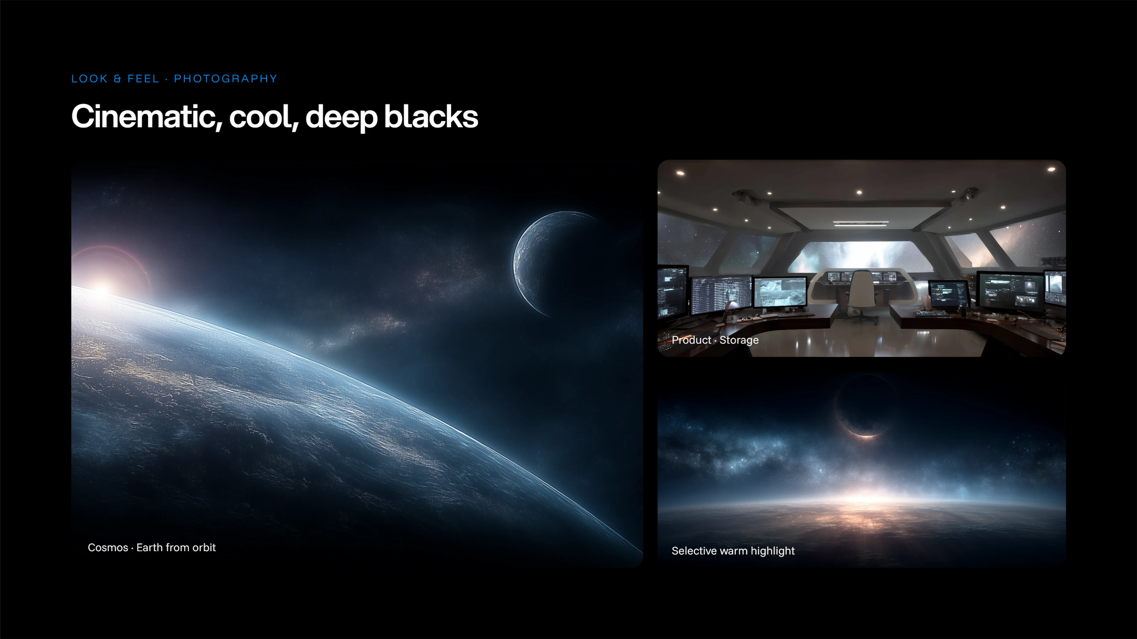 Look & feel · Photography — cinematic, cool, deep blacks: earth from orbit and product photography
