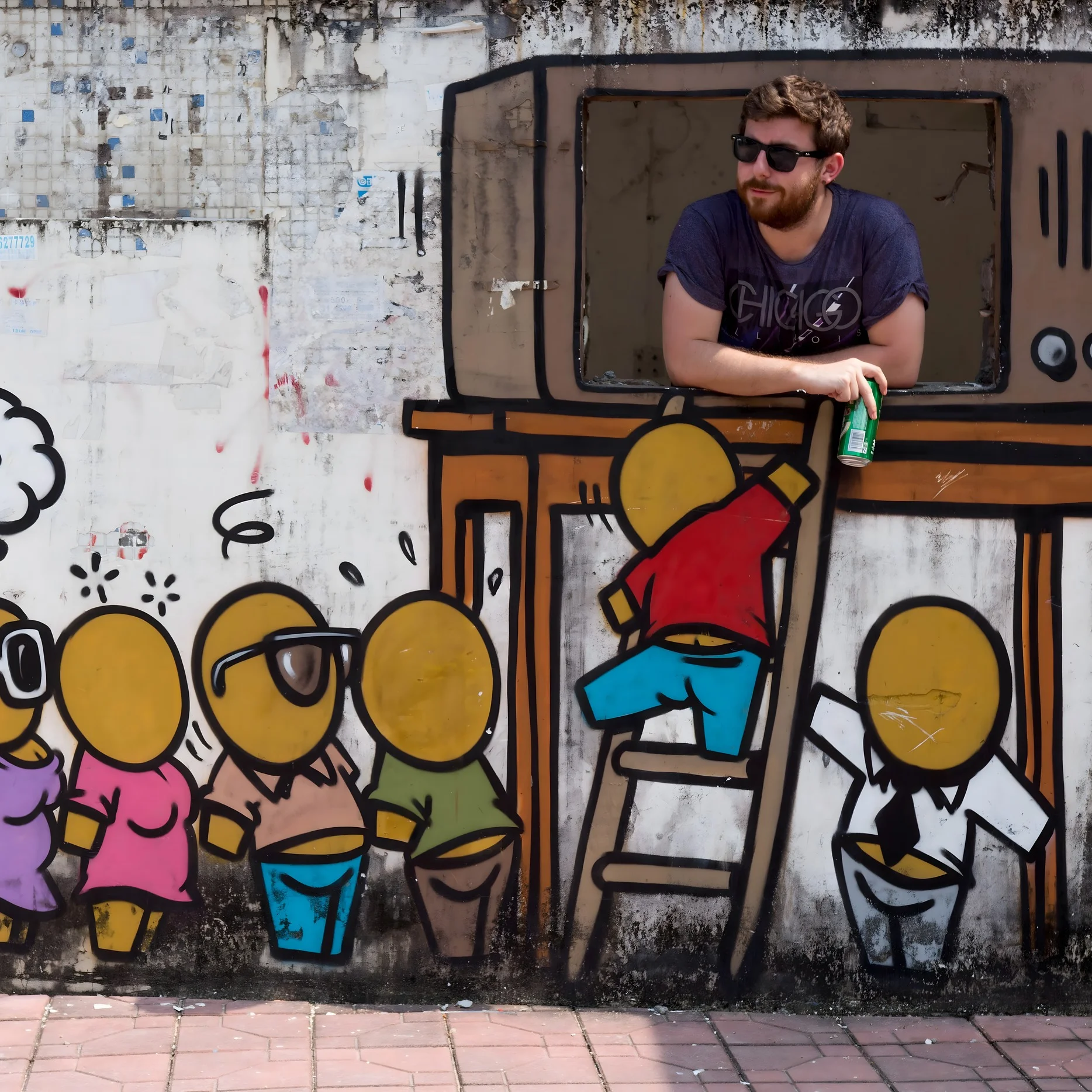Gary Moran leaning out through the screen of a wall mural painted as a vintage television, with painted figures watching from below