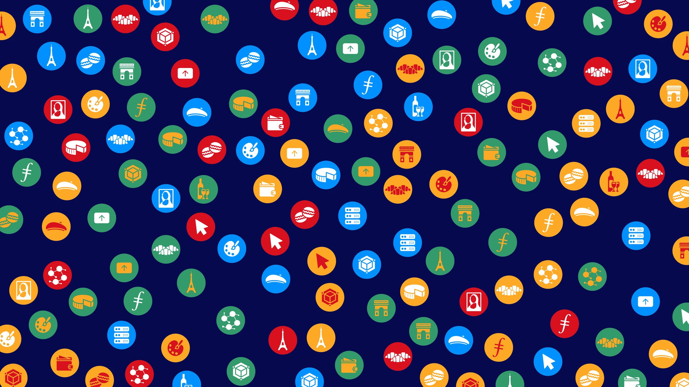 FIL Paris pattern: dozens of colourful circular icons - the Eiffel Tower, croissants, wine, macarons - scattered across a navy background