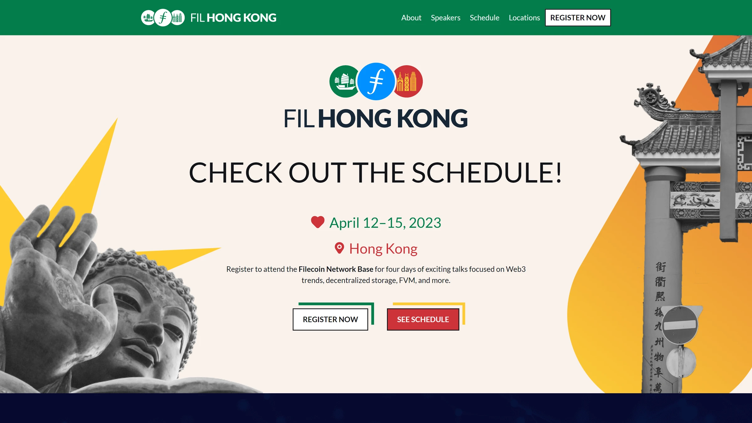 FIL Hong Kong event site: logo, schedule call to action and a black-and-white Buddha photograph