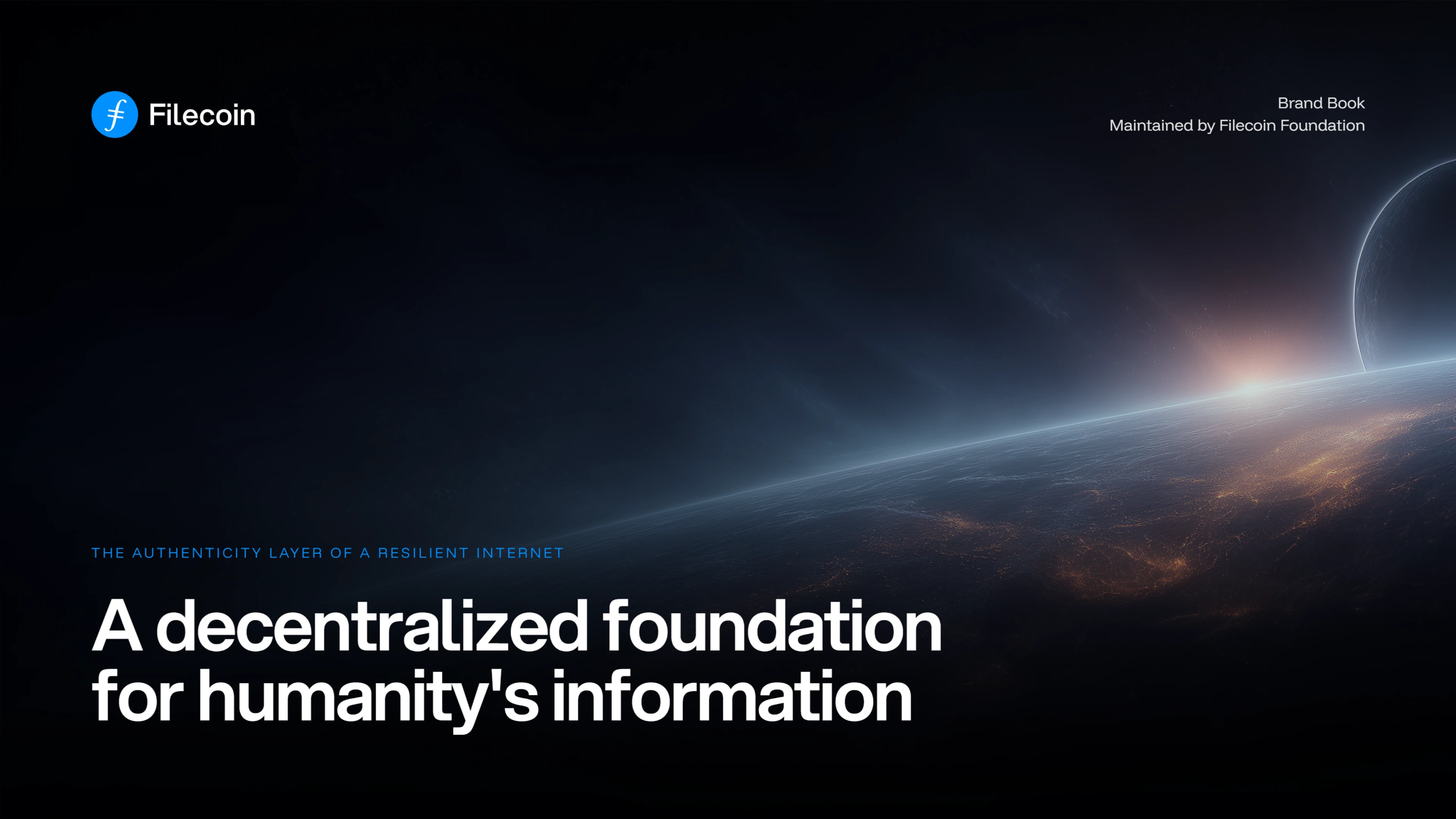 Filecoin Brand Book cover — 'A decentralized foundation for humanity's information'