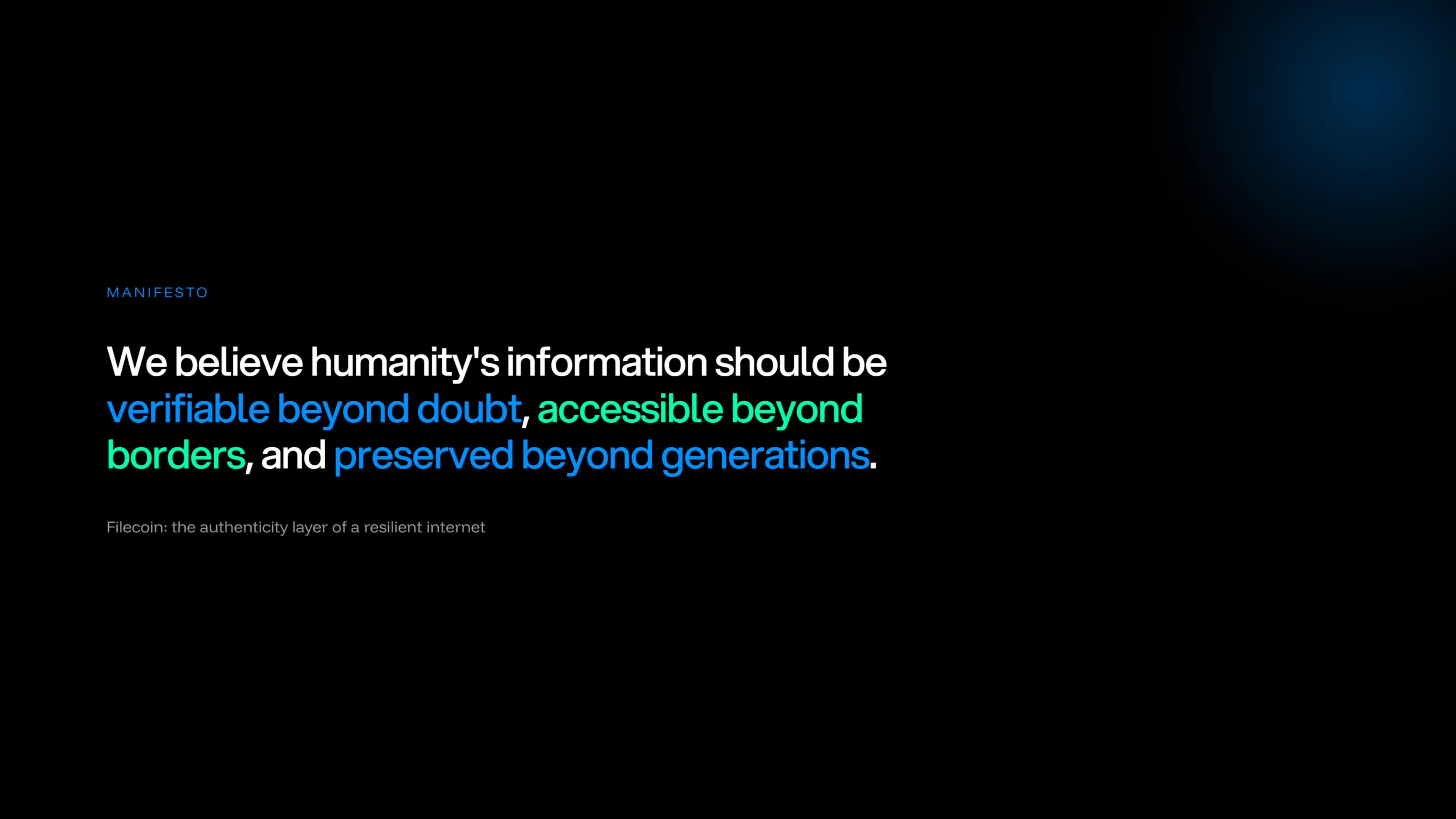 Brand Book manifesto — humanity's information verifiable beyond doubt, accessible beyond borders, and preserved beyond generations