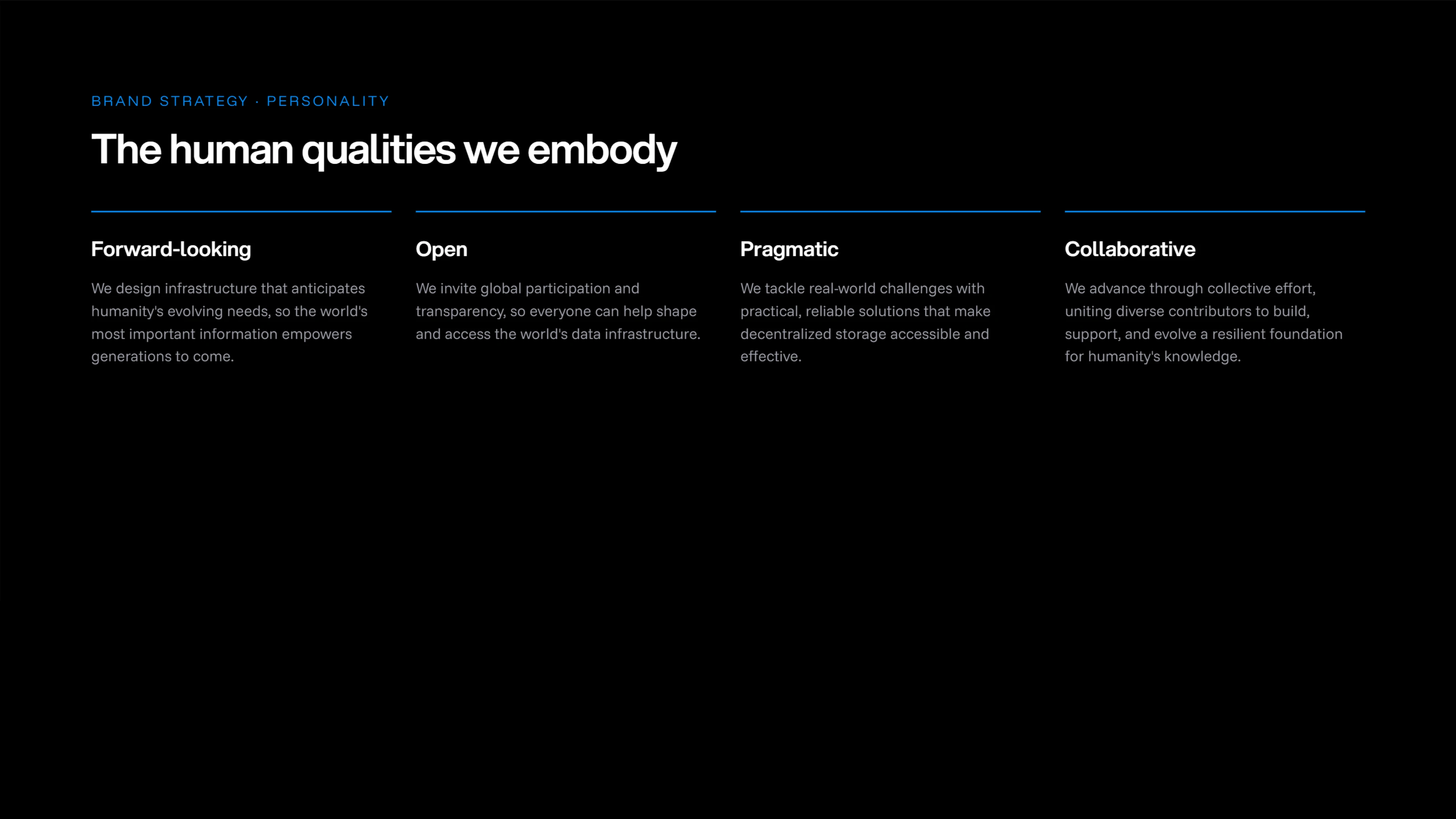 Brand Strategy · Personality — the human qualities we embody: forward-looking, open, pragmatic, collaborative