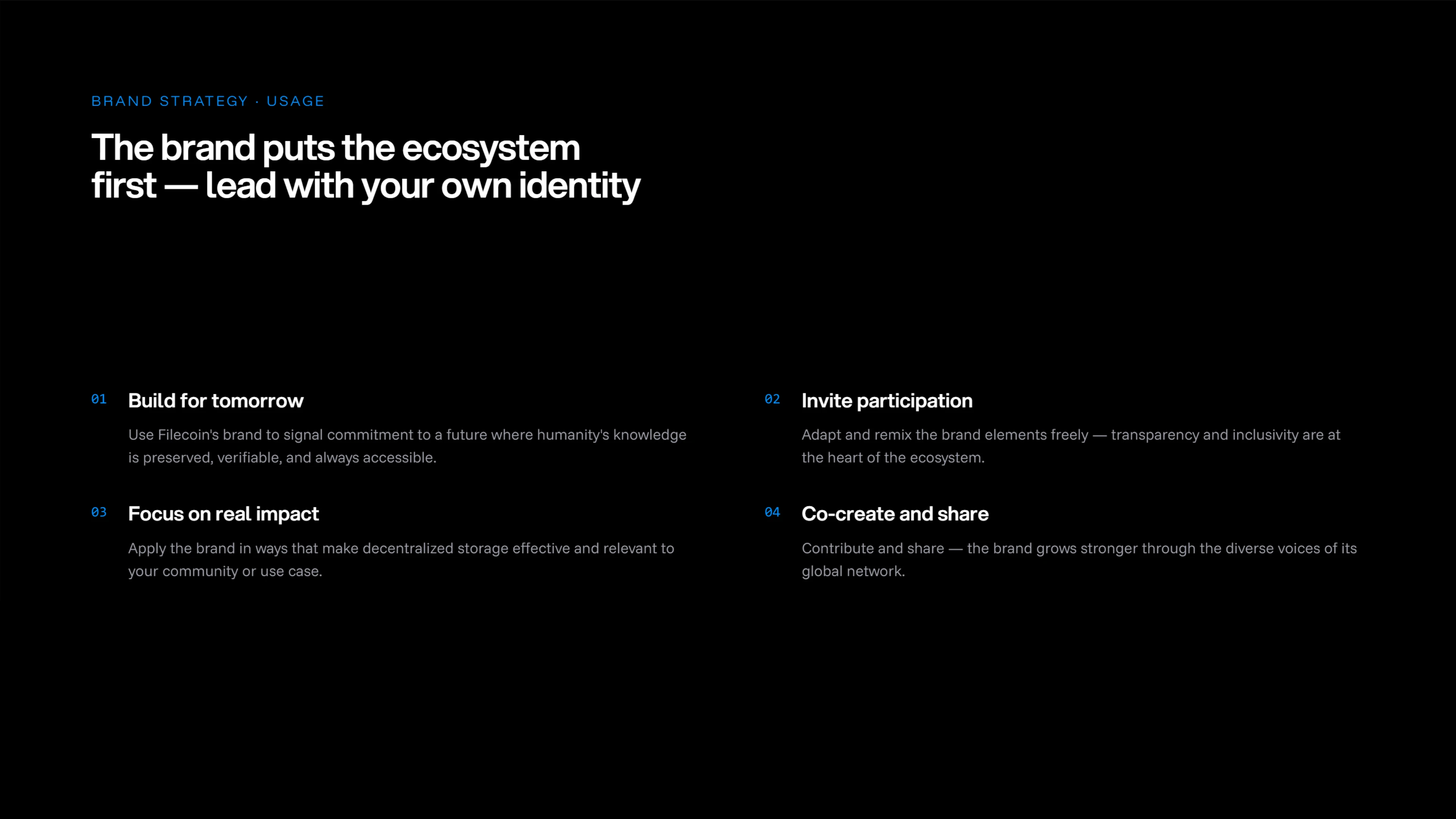 Brand Strategy · Usage — the brand puts the ecosystem first, lead with your own identity