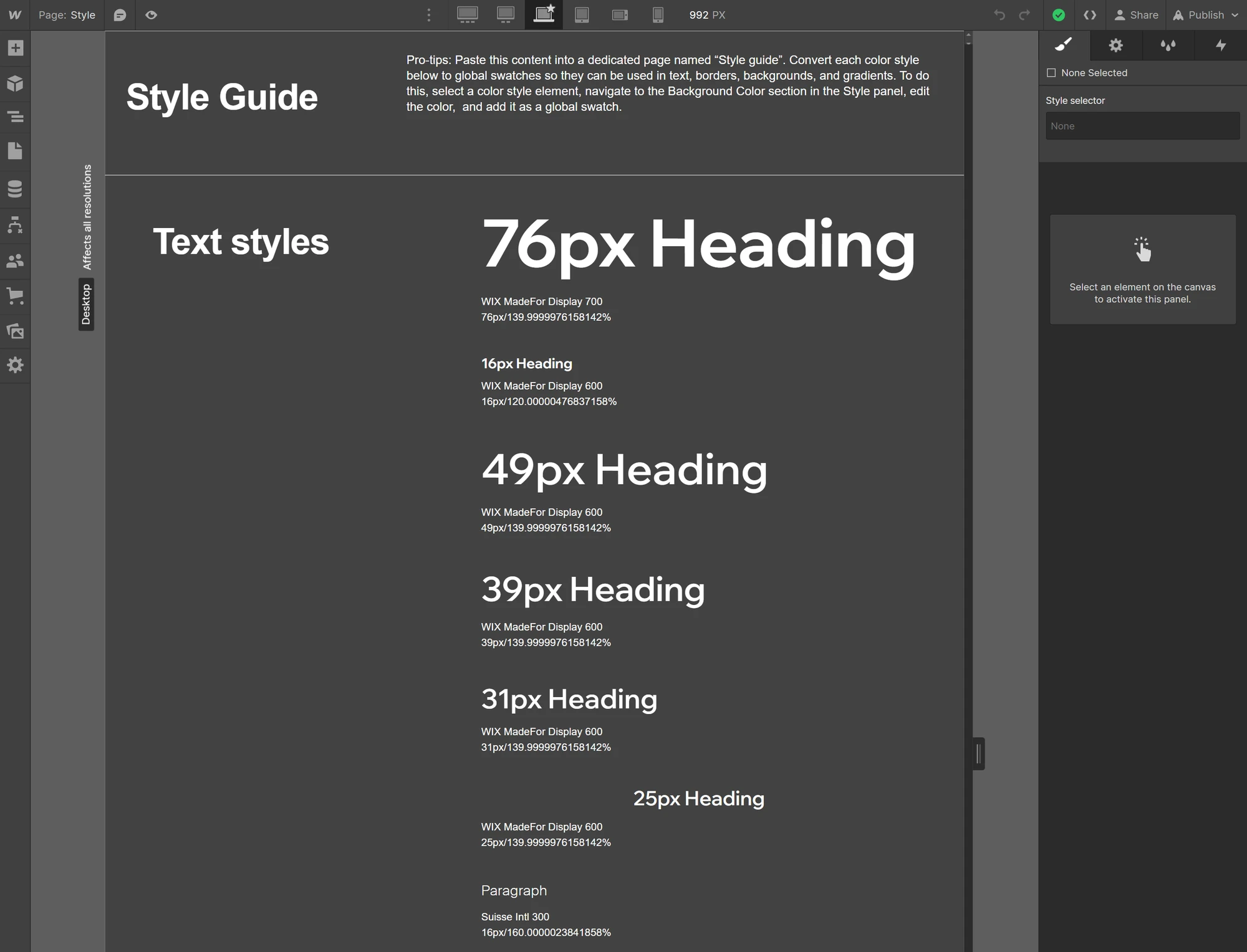 The Webflow Style Guide page: heading, paragraph and caption styles set in Wix MadeFor Display and Suisse Intl, with colour swatches below